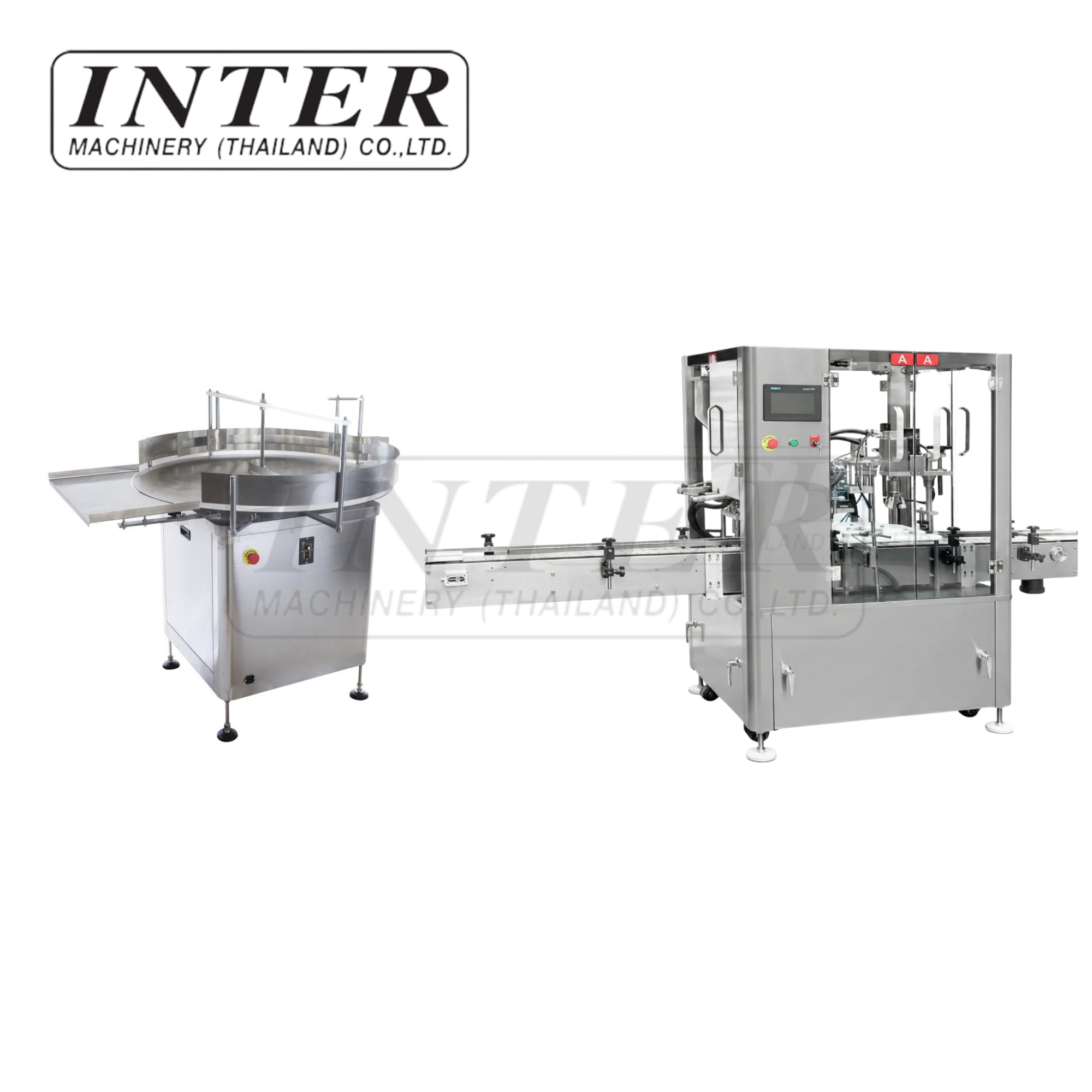 เครื่องบรรจุของเหลวและปิดฝาอัตโนมัติ รุ่น YTSP (เครื่องจัดเรียงขวดอัติโนมัติ) พร้อมสายพานลำเลียงแบบกลม (ลำเลียงขาเข้า) รุ่น ZXJ-1000
