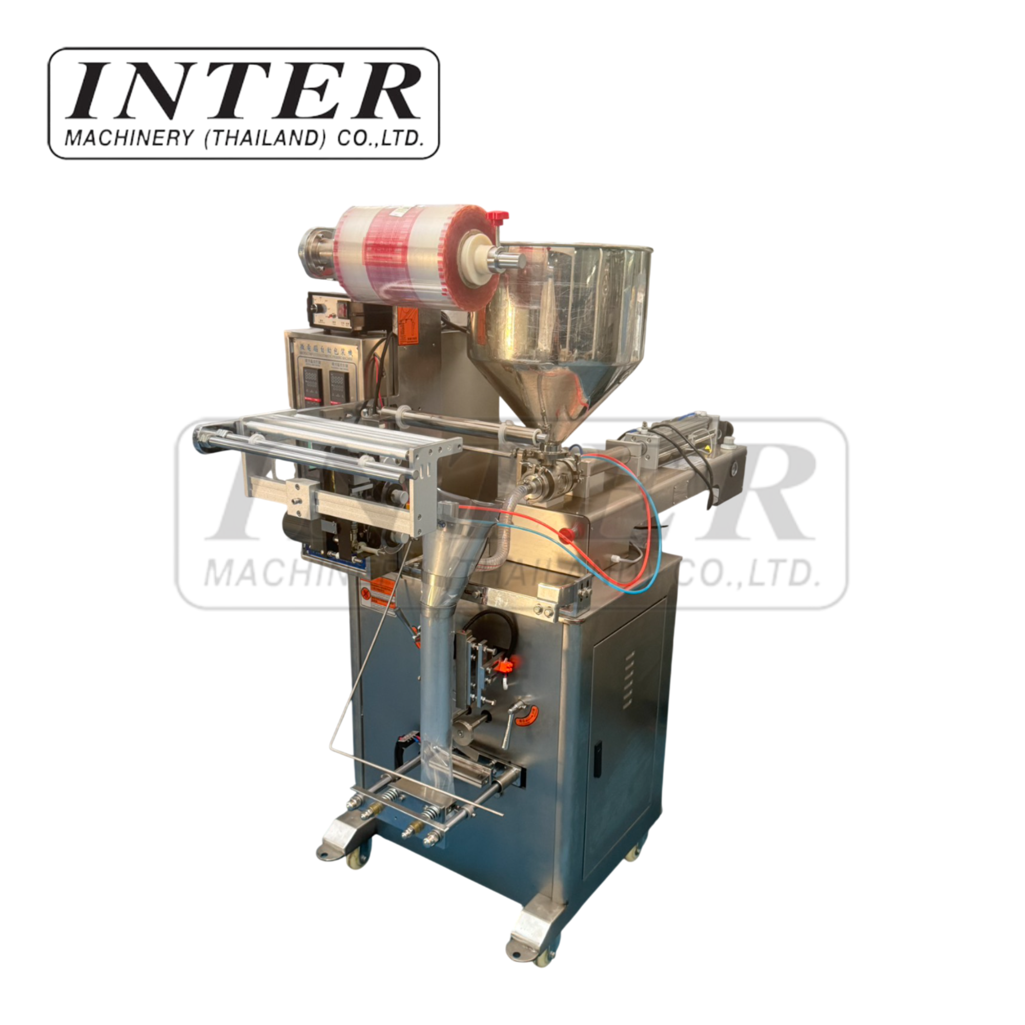 เครื่องบรรจุแนวตั้ง รุ่น QJ-260 ซีล กลาง พร้อมเครื่องลรรจุของเหลว รุ่น G1WGD-500ML พร้อมเครื่องพิมพ์วันที่